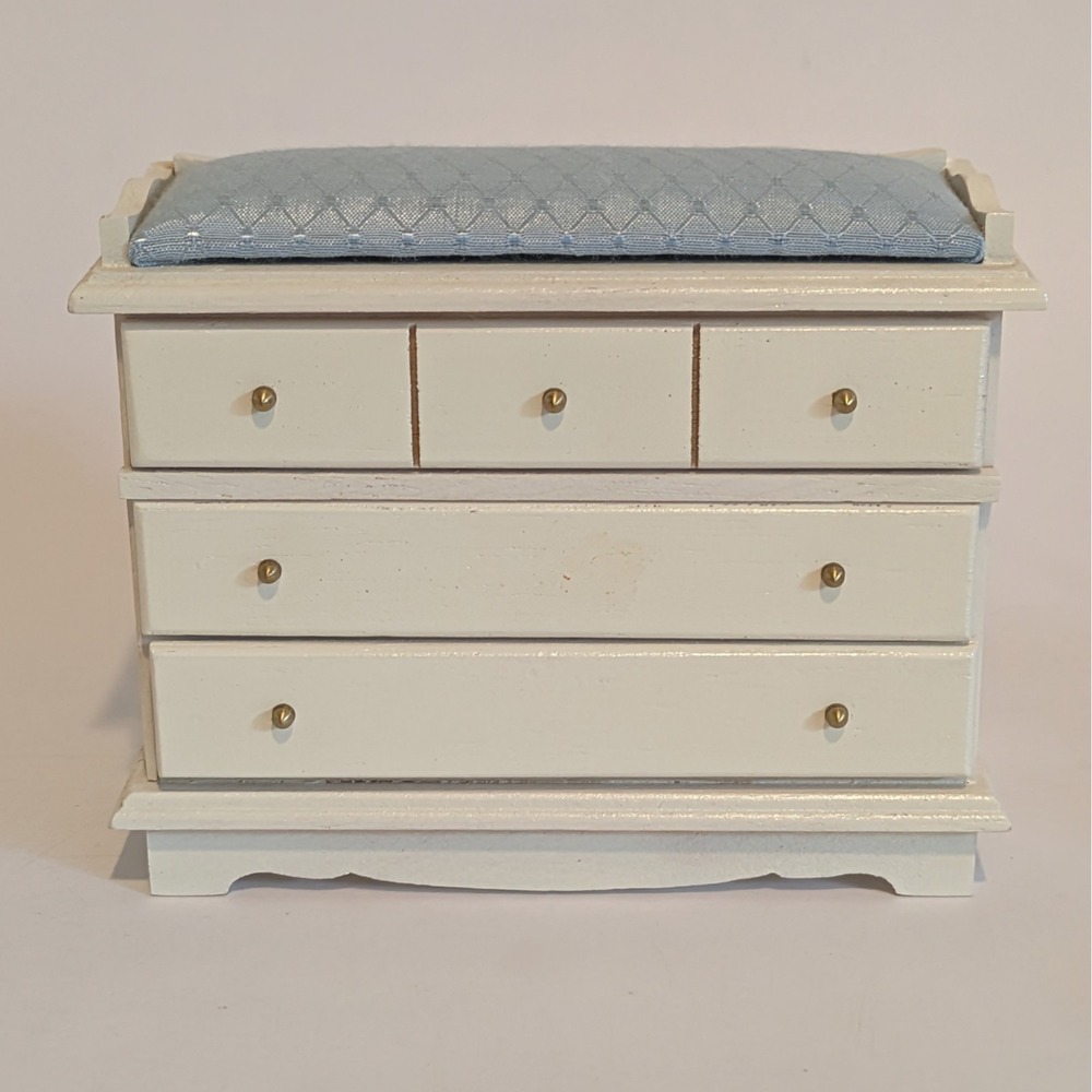 Dollhouse Furniture Baby Changing Table Dresser Upholstered White/Blue